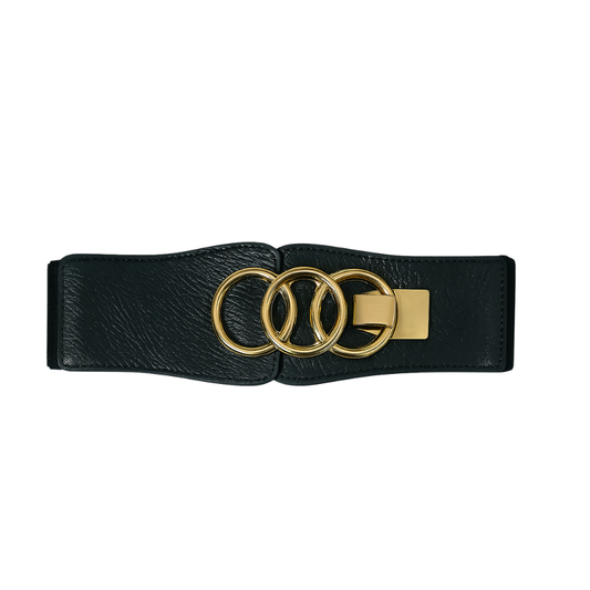 Black Elastic Belt with Gold Interlocking Rings Buckle