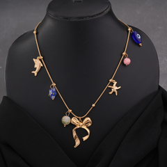 Gold-Tone Charm Necklace with Bow and Enamel Accents