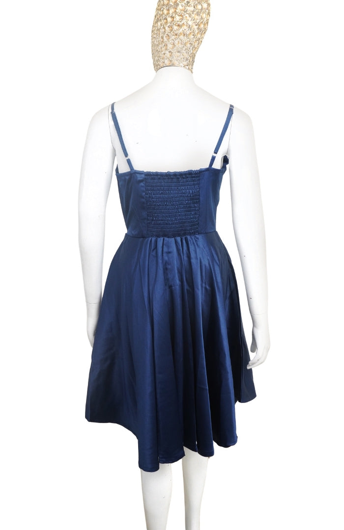 Deep Blue Satin A-Line Dress with Spaghetti Straps and V-Neckline