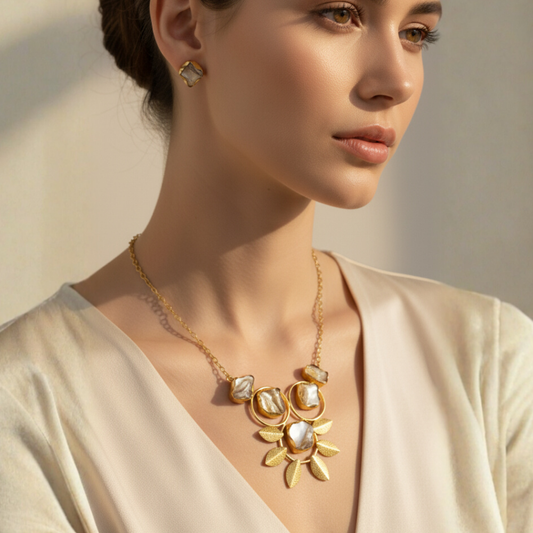 Golden Leaf & Shell-Inspired Necklace Set (Gold Tone)