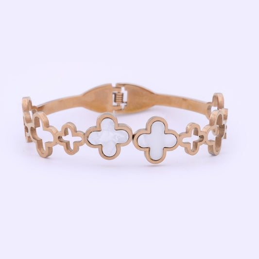 Elegant Gold-Toned Clover Design Bracelet with White Inlay
