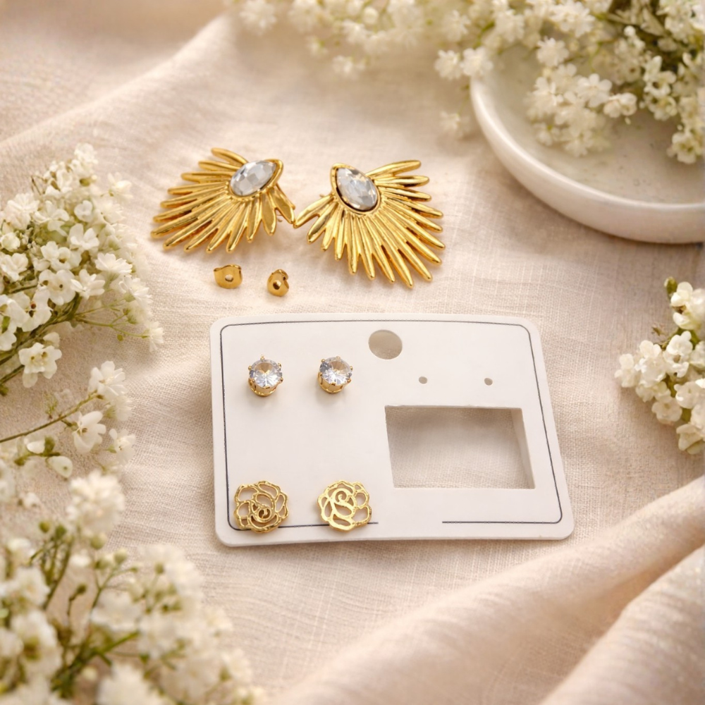 Gold-Tone Statement Earrings – Pair of 3 Combo Pack | Sunburst, Crystal Stud & Floral Design