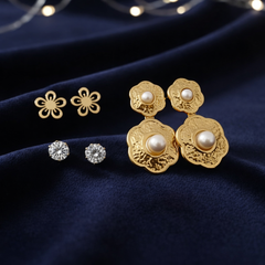 Gold-Tone Floral Earrings – Pair of 3 Combo Pack | Pearl Drop, Crystal Stud & Cutwork Flower Design
