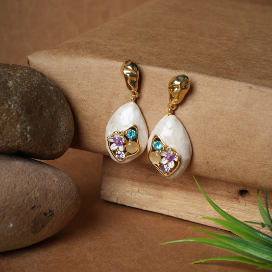 Chic Gold-Tone Floral Enamel Drop Earrings