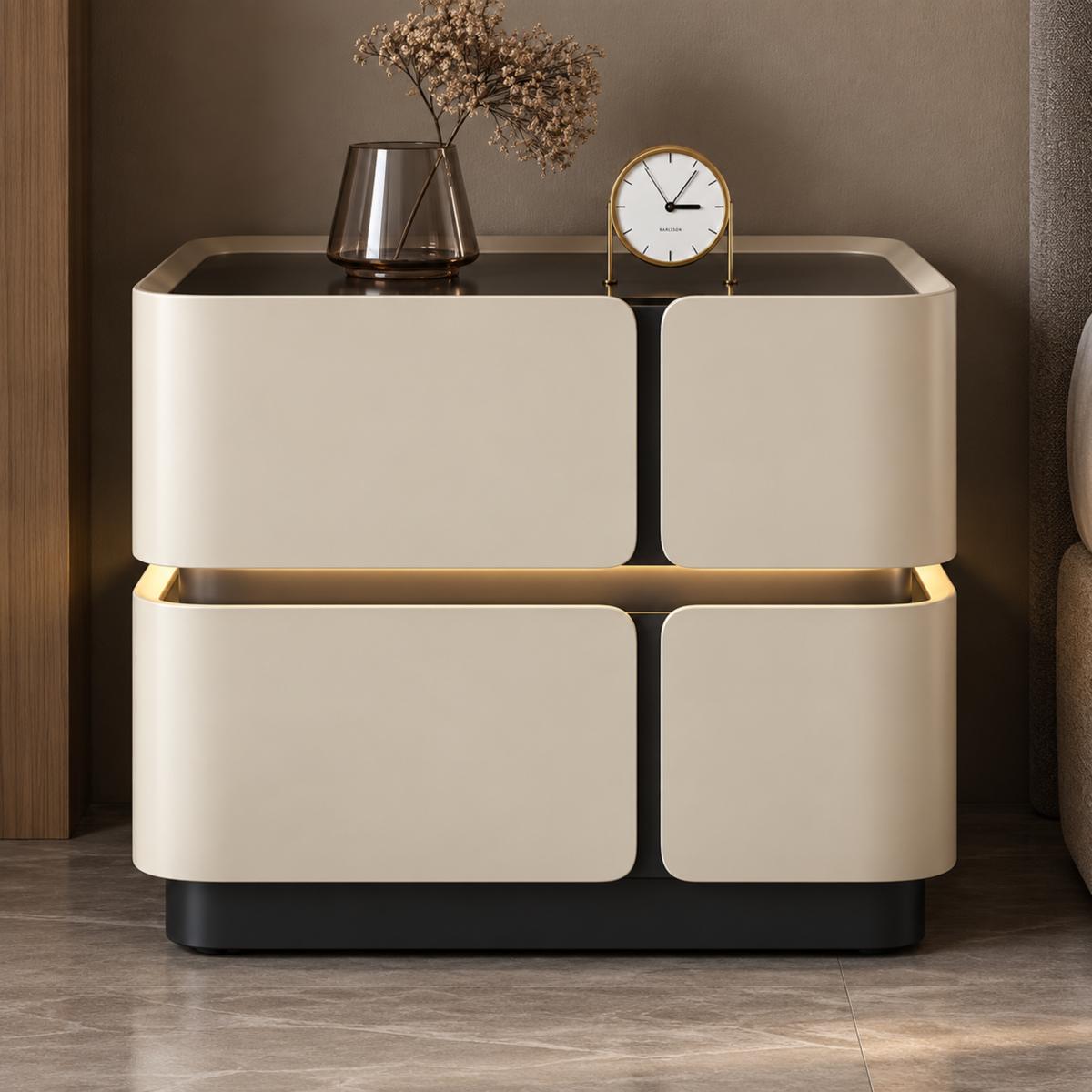 Modern Luxury Storage Cabinet with Rounded Fronts – Engineered Wood with PU Paint & PVC Laminate Finish
