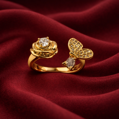 Gold-Tone Floral Charm Ring – Butterfly & Crystal Drop Design