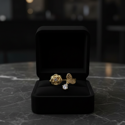 Gold-Tone Floral Charm Ring – Butterfly & Crystal Drop Design