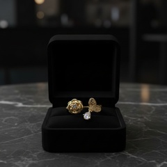 Gold-Tone Floral Charm Ring – Butterfly & Crystal Drop Design