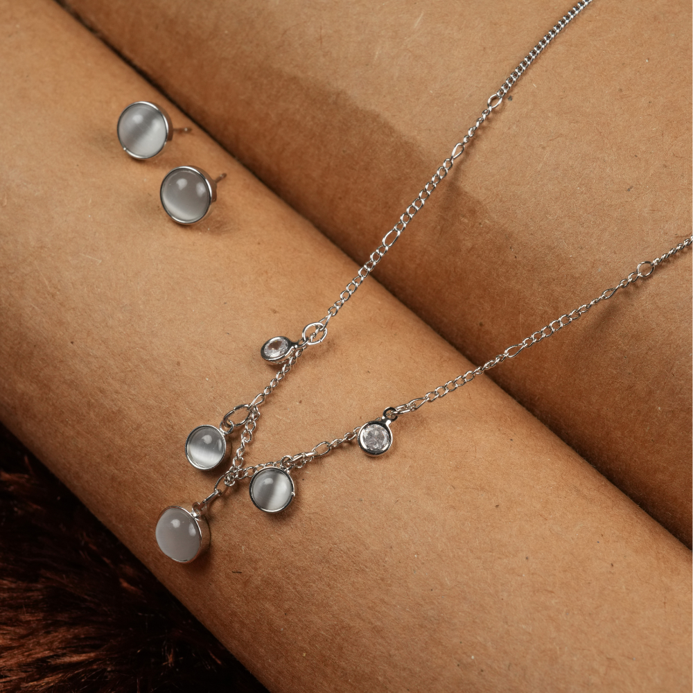 Silver-Tone White Charm Necklace & Earring Set