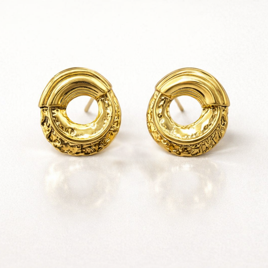 Textured Circular Stud Earrings in Gold Tone