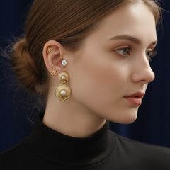Gold-Tone Floral Earrings – Pair of 3 Combo Pack | Pearl Drop, Crystal Stud & Cutwork Flower Design