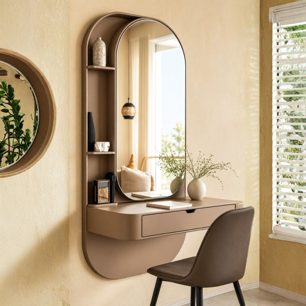 Modern Wall-Mounted Dressing Table with Arched Mirror & Storage