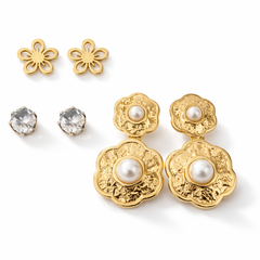 Gold-Tone Floral Earrings – Pair of 3 Combo Pack | Pearl Drop, Crystal Stud & Cutwork Flower Design