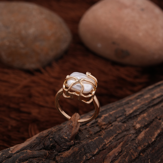 Gold-Tone Organic Cage Pearl Statement Ring