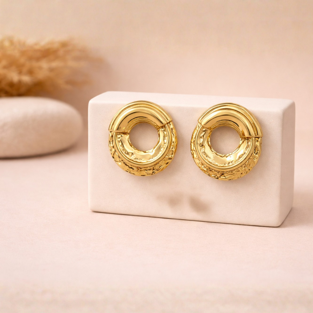 Textured Circular Stud Earrings in Gold Tone
