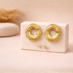 Textured Circular Stud Earrings in Gold Tone