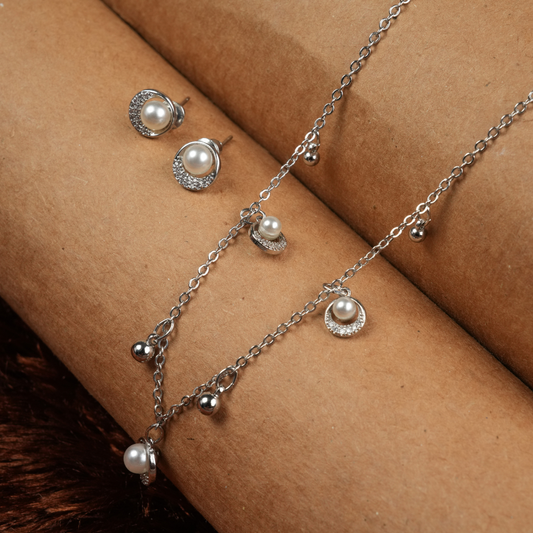 Silver-Tone Pearl Dangle Necklace & Earring Set