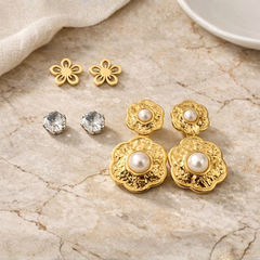 Gold-Tone Floral Earrings – Pair of 3 Combo Pack | Pearl Drop, Crystal Stud & Cutwork Flower Design