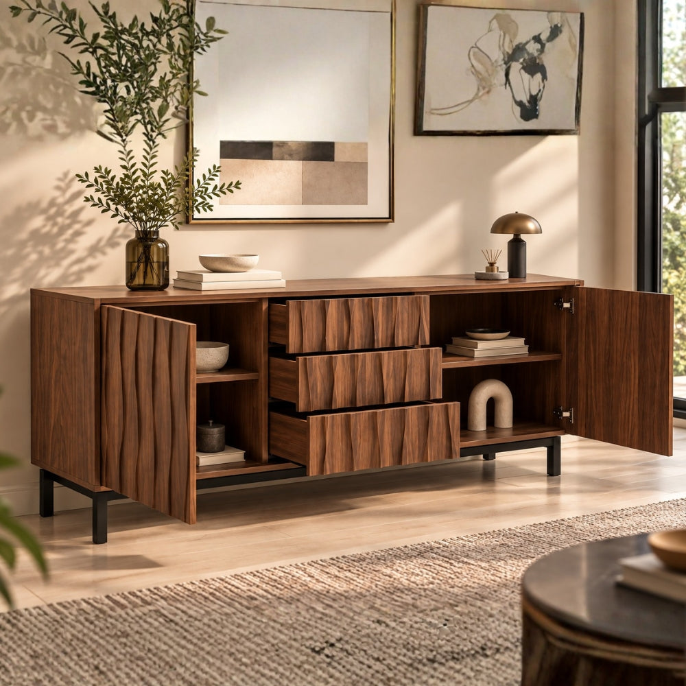 Luxury Fluted Wood Sideboard with Drawers & Open Shelving