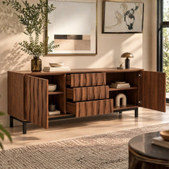 Luxury Fluted Wood Sideboard with Drawers & Open Shelving