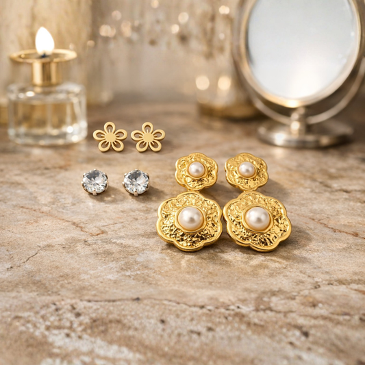 Gold-Tone Floral Earrings – Pair of 3 Combo Pack | Pearl Drop, Crystal Stud & Cutwork Flower Design