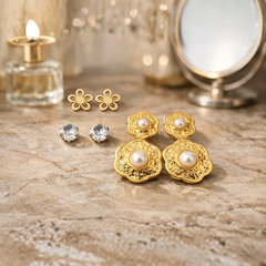 Gold-Tone Floral Earrings – Pair of 3 Combo Pack | Pearl Drop, Crystal Stud & Cutwork Flower Design