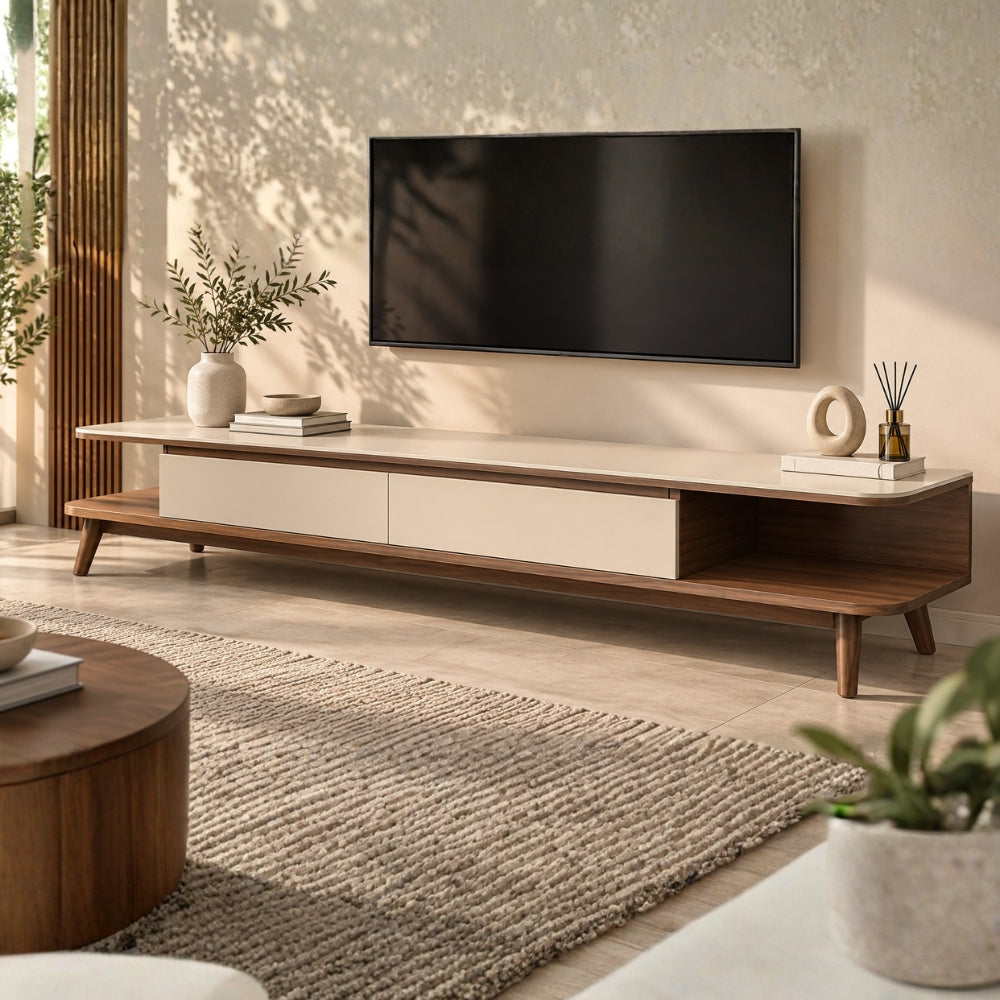 Modern Floating TV Unit with Open Storage – Engineered Wood with PU Paint & PVC Laminate Finish