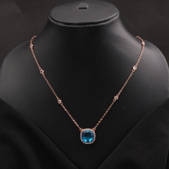 Rose Gold-Tone Blue Cushion-Cut Halo Pendant Necklace