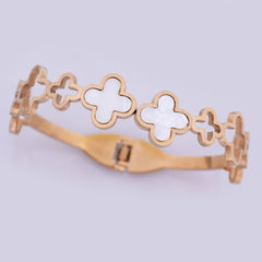 Elegant Gold-Toned Clover Design Bracelet with White Inlay