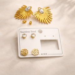 Gold-Tone Statement Earrings – Pair of 3 Combo Pack | Sunburst, Crystal Stud & Floral Design