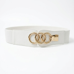 White Elastic Waist Belt with Gold Triple-Ring Interlocking Buckle