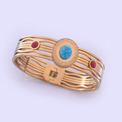Bohemian Style Gold-Tone Bangle with Turquoise and Coral Stone Accents