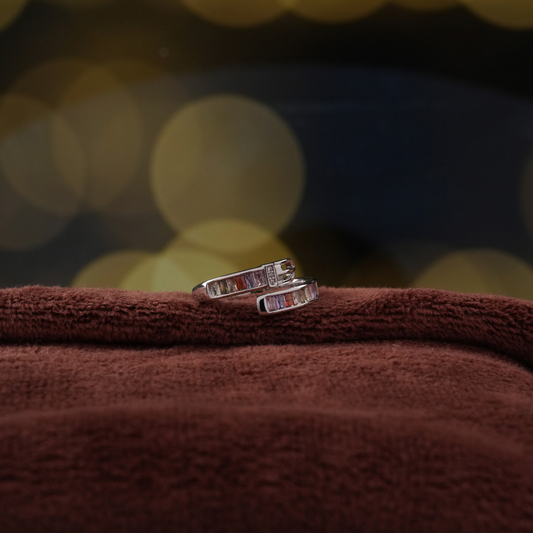 Silver-Tone Rainbow Baguette Adjustable Ring