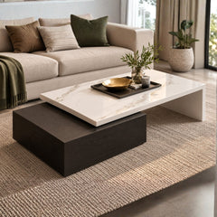 Modern Two-Tone Marble-Top Coffee Table – Engineered Wood with PU Paint & PVC Laminate Finish