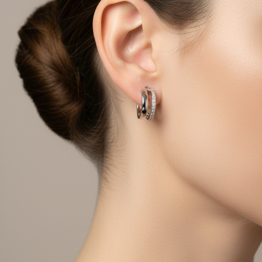 Silver-Tone Double Band Pave Hoop Earrings