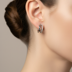 Silver-Tone Double Band Pave Hoop Earrings