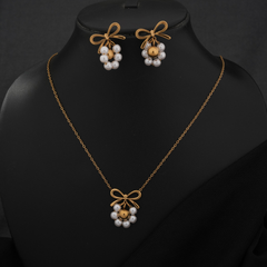 Gold-Tone Pearl Cluster & Bow Necklace and Earring Set