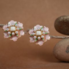 Exquisite Enamel Floral Stud Earrings with Faux Pearls