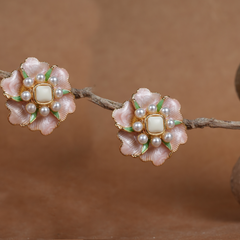 Exquisite Enamel Floral Stud Earrings with Faux Pearls