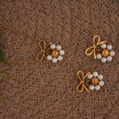 Gold-Tone Pearl Cluster & Bow Necklace and Earring Set
