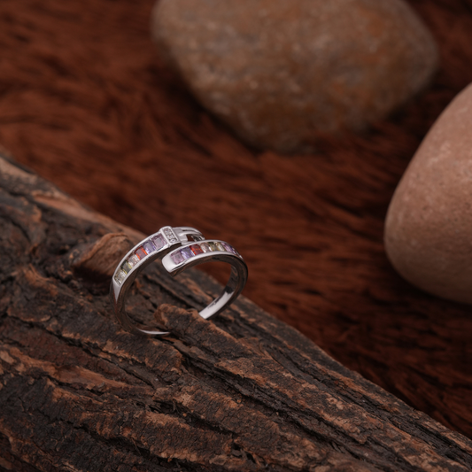 Silver-Tone Rainbow Baguette Adjustable Ring