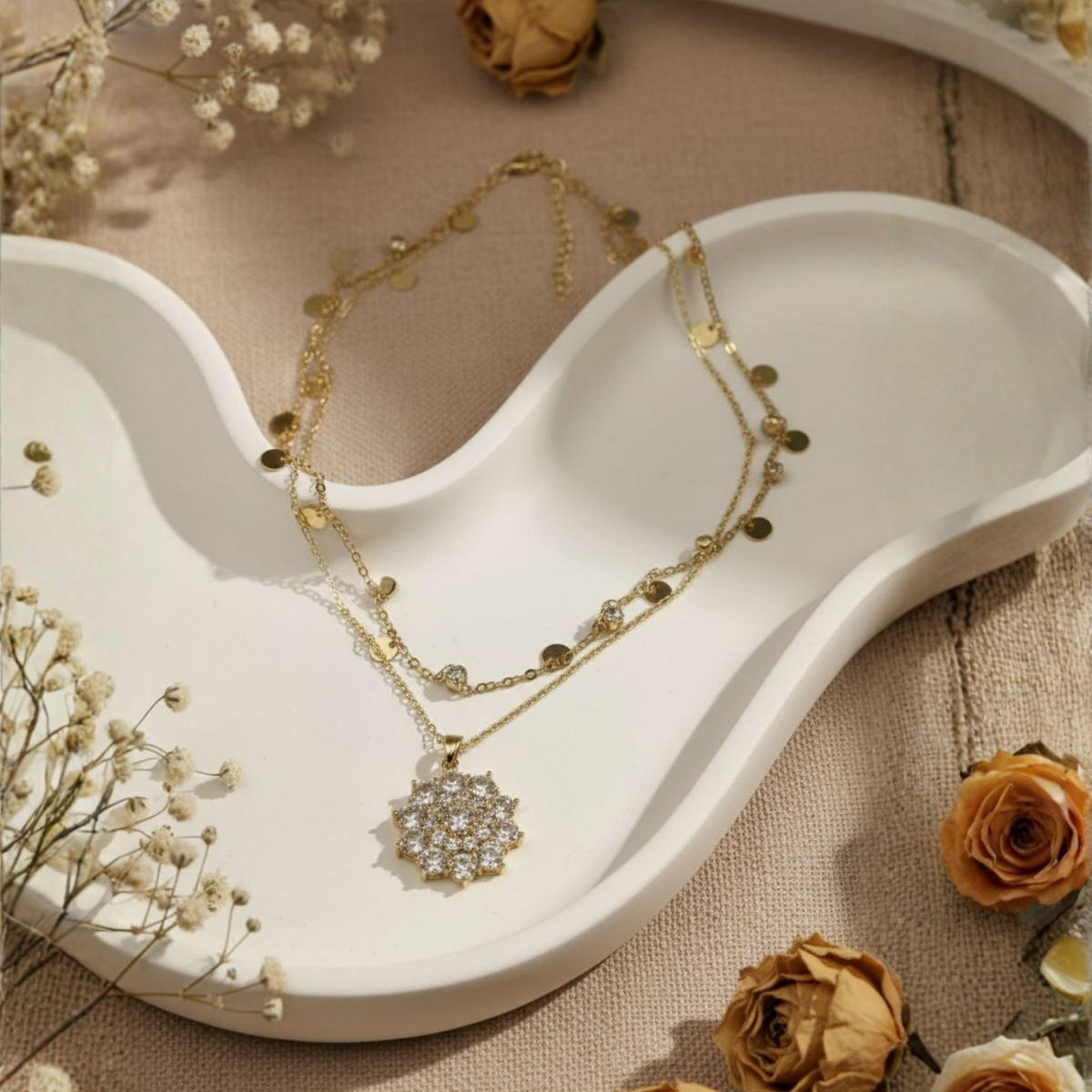 Layered Crystal Medallion Necklace