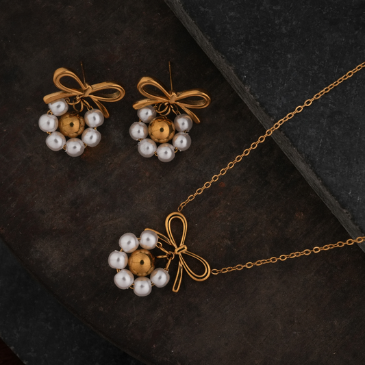 Gold-Tone Pearl Cluster & Bow Necklace and Earring Set