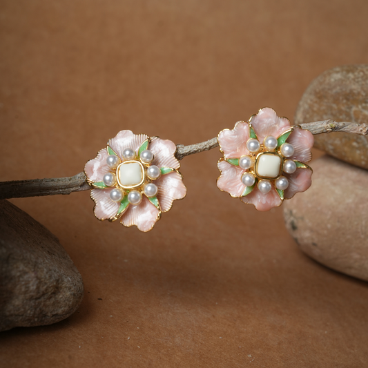 Exquisite Enamel Floral Stud Earrings with Faux Pearls