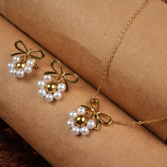 Gold-Tone Pearl Cluster & Bow Necklace and Earring Set