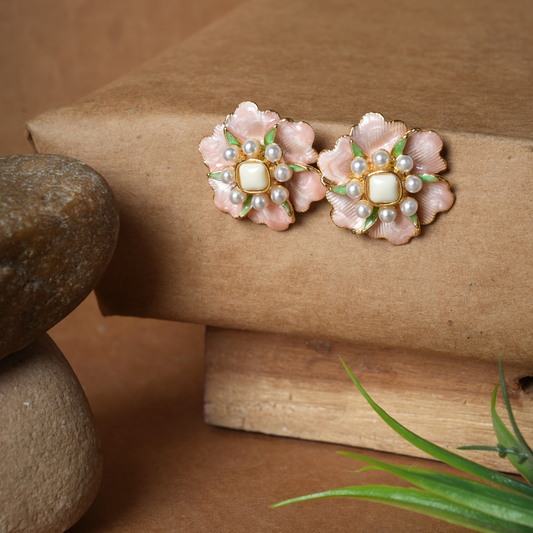 Exquisite Enamel Floral Stud Earrings with Faux Pearls