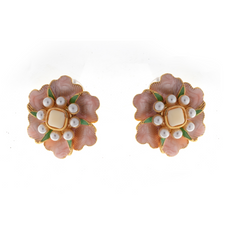 Exquisite Enamel Floral Stud Earrings with Faux Pearls