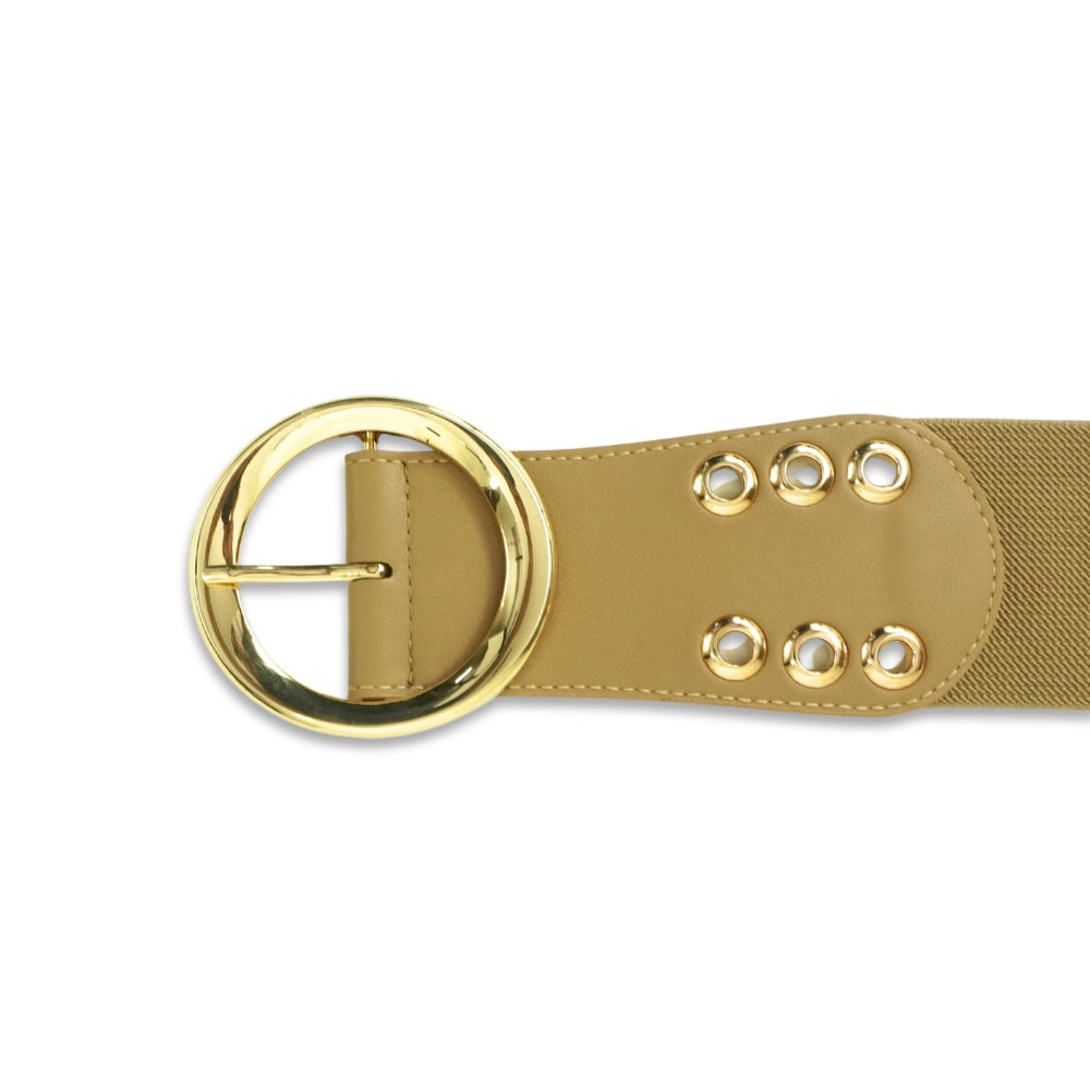 Wide Waist Cincher Belt with Eyelet Detail and Gold Buckle
