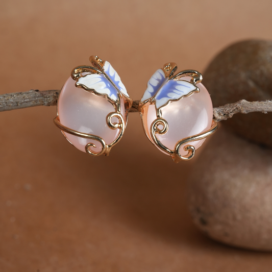 Yellow Gold-Tone Pink Cat’s Eye & Butterfly Stud Earrings