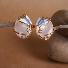 Yellow Gold-Tone Pink Cat’s Eye & Butterfly Stud Earrings